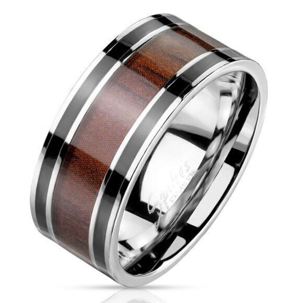 Wood Inlaid Center with Black Lines Stainless Steel Ring Size 9